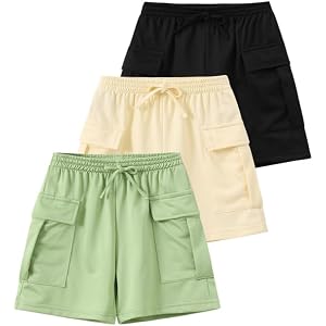 Fdqin 3 Pack Girls Bermuda Shorts Baggy Cargo Shorts Wide Leg SweatShorts Drawstring Summer Short Pants with Pockets