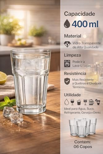 Kit 6 Copos de Vidro 400ml – Design Facetado Moderno, Vidro Espesso e Resistente, Ideal para Água, Suco, Refrigerante, Cerveja e Drinks
