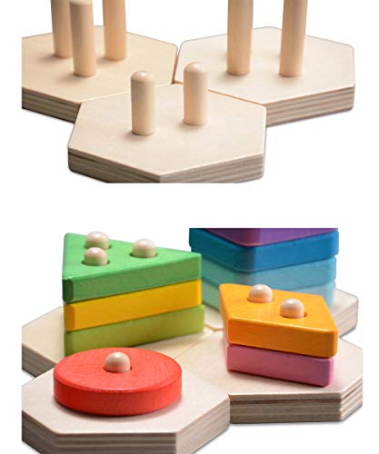 KAJA Wooden Geometric Shape Sorter Recognition Sorting Stacking Game Chunky Puzzle Toys Removable Educational Preschool for 1 2 3 4 5 Year Old Boys Kids Toddler Baby - Thumbnail 4