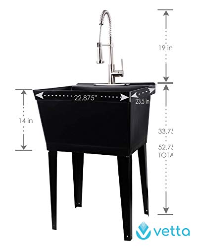 Black Utility Sink Laundry Tub with Commercial Grade Stainless Steel Pull Down Sprayer Faucet, Integrated Supply Lines, and Drainage are Included, Free Standing Wash Station, Heavy Duty Floor Mounted - Thumbnail 4