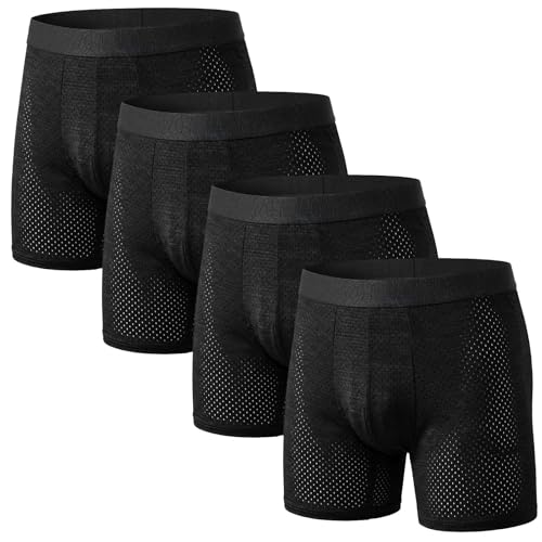 Hellomamma Men's Long Boxer Briefs: Breathable Mesh Cold Silk Underwear – Anti-Chafe Tagless for Men for Sport Gym and Cycling Size S-XL Pack of 4