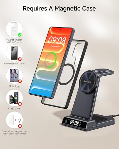 SwanScout Cargador Inalámbrico Magnético para Samsung S26 Ultra/S26+/S26/S25/S24/Z Flip 7/Z Fold, 3 en 1 Estación de Carga Inalámbrica para Galaxy Watch 8 Classic/8/Ultra/7/6/5 (Sin Adaptador) | Estación de carga 3 en 1 con reloj, solo para Samsung Watch, alineación magnética, adaptador no incluido