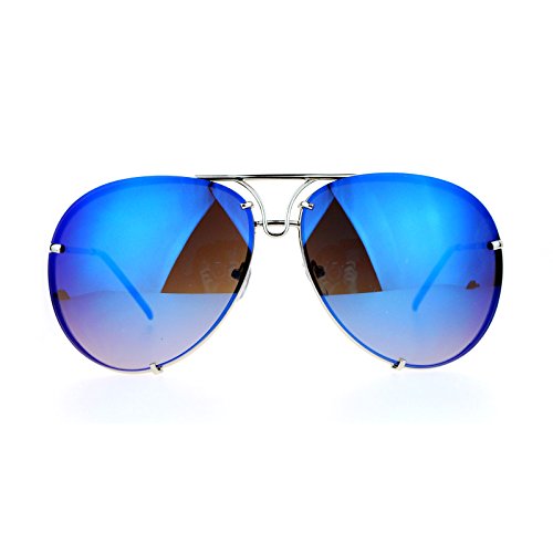 Oversized Round Aviator Sunglasses Metal Rims Silver, Blue Mirror Lens