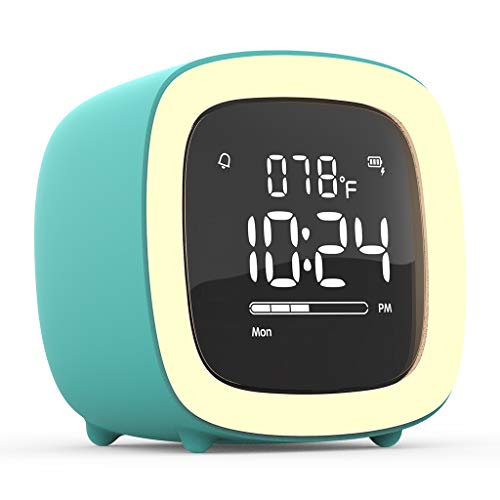 Kids Alarm Clock, Cute-TV Night Light Alarm Clock for Kids, Girls, Children, Bedroom, Rechargeable Battery Operated Alarm Clock with Sleep Timer, Indoor Thermometer - Cyan