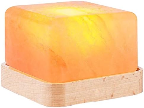 Authda Himalayan Rock Salt Lamp Square Wooden Bottom Bedside Light Release Negative Ions Creative Household Living Room Night Light 12CM*12CM Table Light Pink
