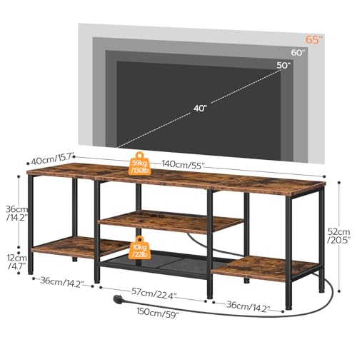 3 Tier TV Stand Table for Living Room, 140 cm TV Shelf for up to 40-65 Inch, TV Unit with Charging Station, Industrial TV Entertainment Center with Open Shelves for Bedroom, Rustic Brown EBF40KDS01