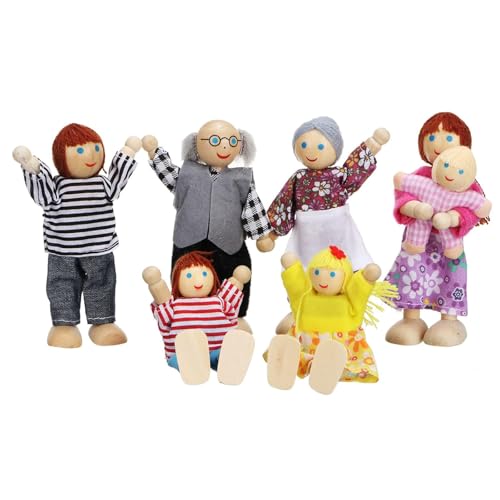 Lifreer Family Set Dolls House People, 7 Wooden Family Doll, Dolls House Accessories, Miniature