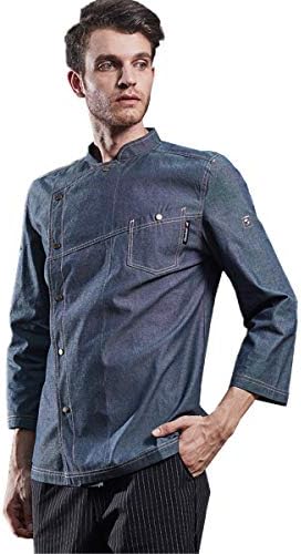 XINFU Chef Jacket Cowboy Uniform Fashion Long Sleeve Air Work Chef Coat for Men Restaurant Kitchen