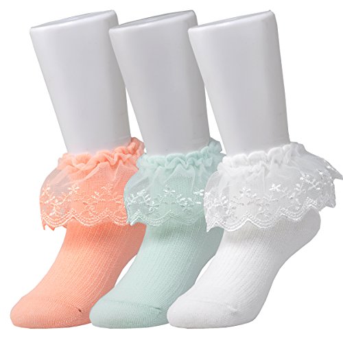 Epeius Little Girls' Princess Lace Top Dressy Socks Orange/Mint Green/Off white 1-2 Years (Pack of 3)