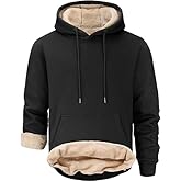 Sherpa Lined Hoodie, Black with Beige Fleece Interior, Pullover Sweatshirt with Kangaroo Pocket, Winter Casual Wear