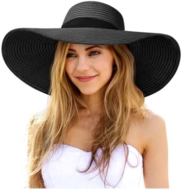 NEW xl big floppy tan and black straw flexible sun beach hat It main image 2