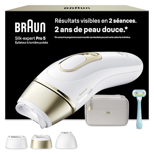 Braun Epilateur Lumiere Pulsee Silk·expert Pro 5 PL5311, Blanc et Or – Alternative au Laser à Domicile, Filaire, avec Pochette, Rasoir Gillette Venus, 3 Têtes