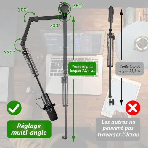 Frgyee Height Adjustable Microphone Arm with Raised Extension Bar Microphone Stand for Shure SM7B, Blue Yeti, HyperX QuadCast S and Other Microphones