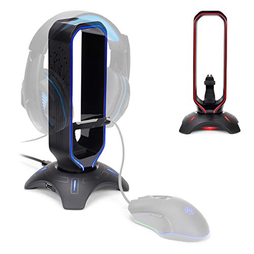 ENHANCE Gaming Headset Stand – LED Headphone Hanger with Mouse Bungee and 2 Port USB Hub – 7 RGB Colors + Color Changing Mode, Headset Hanger, Mouse Bungee 3-in-1 Gaming Desktop Accessory