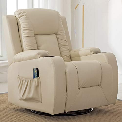 ComHoma Leather Recliner Chair Modern Rocker with Heated Massage Ergonomic Lounge 360 Degree Swivel Single Sofa Seat with Drink Holders Living Room Chair White