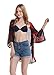 Floral Kimono For Women, Light Chiffon 3/4 Sleeves Beachwear Cover Up Robe Cardigan Bikini Dress(Black&Red,L)