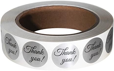 Thank You Sticker Label Rolls, 1" Circle, Silver Foil, 1,000 Per Roll