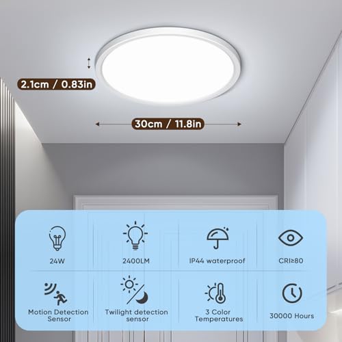 NIBSHOOM Ceiling Light with Motion Sensor, 3000K/4000K/6500K 24W IP44 Waterproof Ceiling Light, LED Ceiling Light with Radar Sensor for Hallways, Stairs, Garage, φ30 cm
