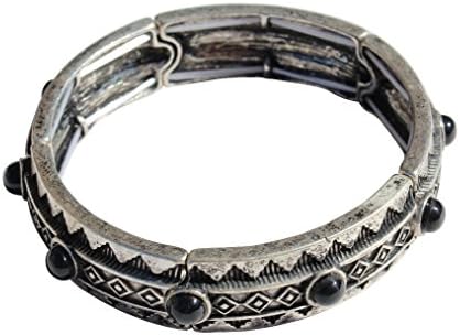 Masada Jewelry, Stretch Alloy Bracelet with Black Beads Burn Silver Tone