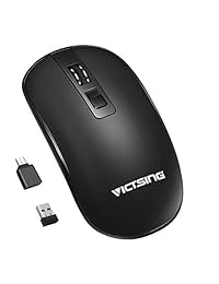 VicTsing Ratón inalámbrico recargable, 2,4 G silencioso ratón óptico de ordenador portátil y delgado con adaptador USB C, receptor USB