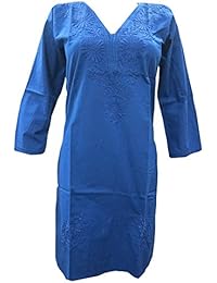 Mogul Womens Tunic Cotton Paisley Embroidered Bohemian Kurti Caftan Dress
