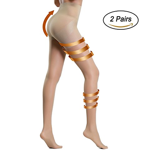 FANCAME Women's Sheer Compression Shaping Pantyhose 40D Push Up Shape Silk Stockings 2 Pair (Large, Nude)