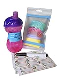 Baby Bottle Labels for Daycare, 6 Reusable Silicone Labels, 96 BONUS Waterproof Self-Laminating Write on Stickers - Assorted Sizes & Color, Includes 6 Silicone Labels, 96 Stickers & 1 Dry Erase Marke