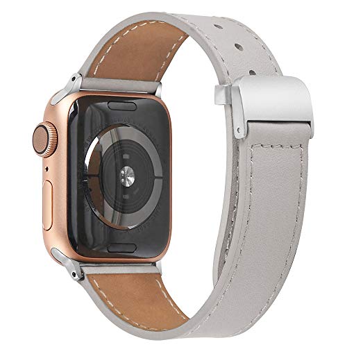 hooroor Leather Bands Compatible Apple Watch Band 38mm 40mm Accessory Replacement Wristband Sport Strap for Iwatch Nike+, Series 4 3 2 1, Edition, Stainless Steel Metal Buckle (Grey-38 mm 40mm)
