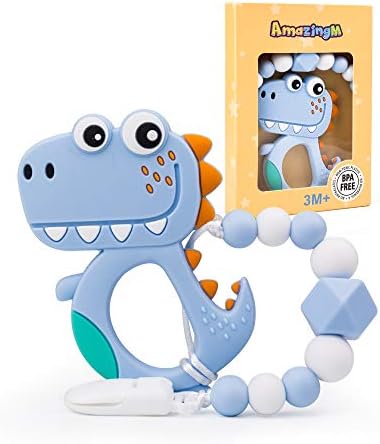AmzingM Dinosaur Teething Pain Relief Toy with Pacifier Clip,Food Grade BPA Free Silicone Teether,Teething Egg,Neutral for Boy and Girl (Blue)