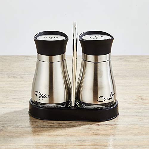 Salt and Pepper shakers Set with Tray, Stainless Steel with Glass Bottle (Set of 2)