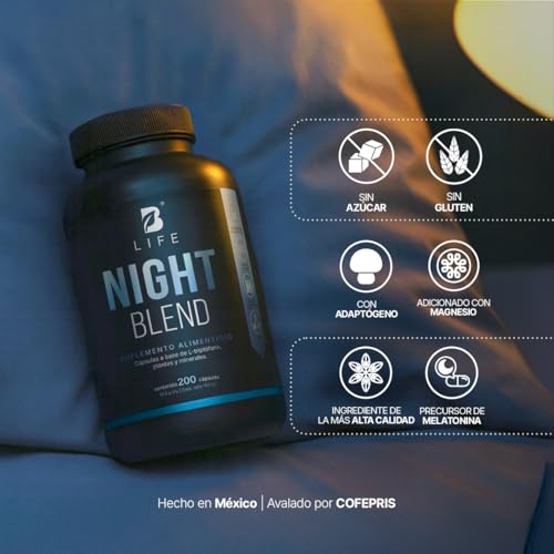B Life Night Blend Con 200 Cápsulas | para Dormir y Relajación con Magnesio, Triptófano, 5-HTP y L-Teanina | Apoyo al Descanso Nocturno.