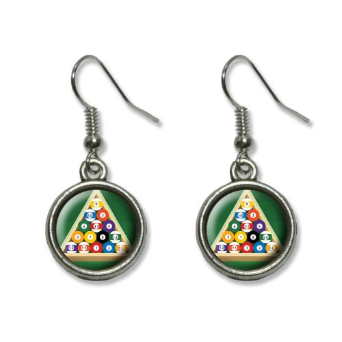 Billiard Balls And Triangle - Pool Table Novelty Dangling Dangle Drop Charm Earrings