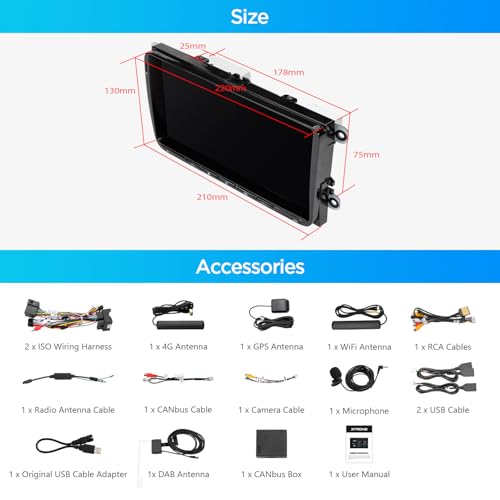 XTRONS Android 14 Car Radio for VW Skoda Seat 9 Inch IPS HD Screen Octa Core 4+64GB Built-in 4G LTE DAB+ WLAN GPS Bluetooth 5.0 Car Play Android Car AKM DSP Optional OBD DVR TPMS