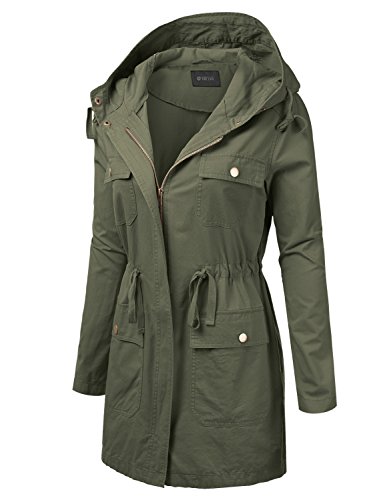 DRESSIS Women's Woven Hooded Cotton Utility Jacket With Drawstring Waist Olive 2XL