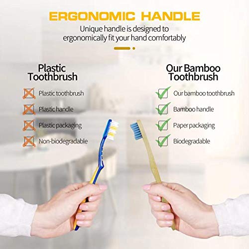 Biodegradable Bamboo Toothbrushes, 10 Pcs Eco-Friendly Natural Toothbrushes for Adults with BPA Free Soft Nylon Bristles,Compostable,Green and Nonplastic(5 Colors Set)