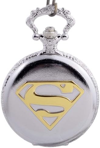Topearl Superman The Man of Steel Superhero Quartz Silvery Case Pocket Watch Chain White Dial Value Quality