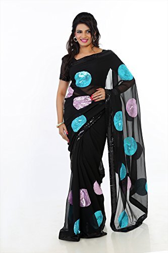 Designersareez Women's Faux Georgette Sequined Saree Free Size Black