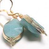 Natural Stone Wire Wrap Dangle Drop Earrings Gold Plated 925 Sterling Silver Hook/Amazonite