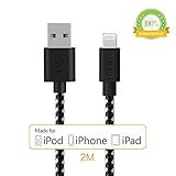 Kinps Apple MFi Certified Lightning to USB Cable 6ft/2m iPhone Charger Cord Long for iPhone 7 / 7 Plus / 6S / 6S Plus / 6 / 6 Plus / SE / 5S / 5, iPad Pro / Air / Mini (Nylon-Black, 1 Pack)