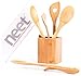NEET Elevated Wooden Spoons for Cooking 6 Piece Organic Bamboo Utensil Set with Holder Wood Kitchen Utensils Spatula Spoon for High Heat Stirring in Nonstick Pots & Pans Quality Gift & Everyday Use