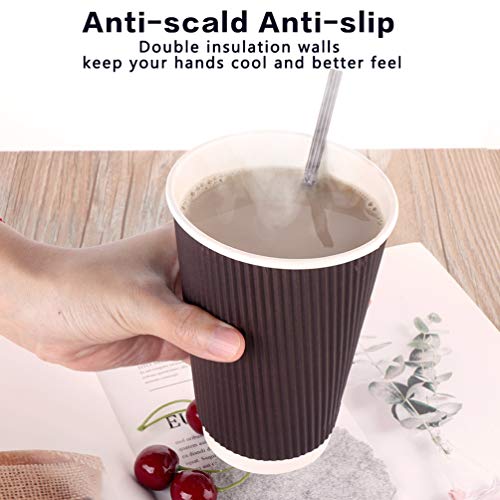 Coffee Cups With Lids, 16oz Disposable To Go Paper Coffee Cups for Hot Beverages, Bulex Hot Coffee Cups No Sleeves Needed (Brown)