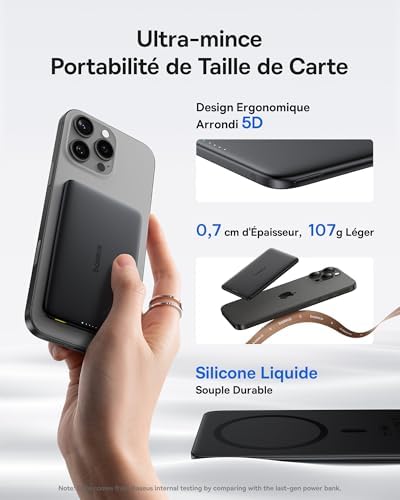 Picogo AM41 Powerbank, Ultra Slim 5000mAh Magsafe Powerbank, Charge Rapide PD 20 W, Portable, Batterie Externe Magnétique sans Fil avec câble USB-C pour iPhone 17/16/15/14/13/12, Noir