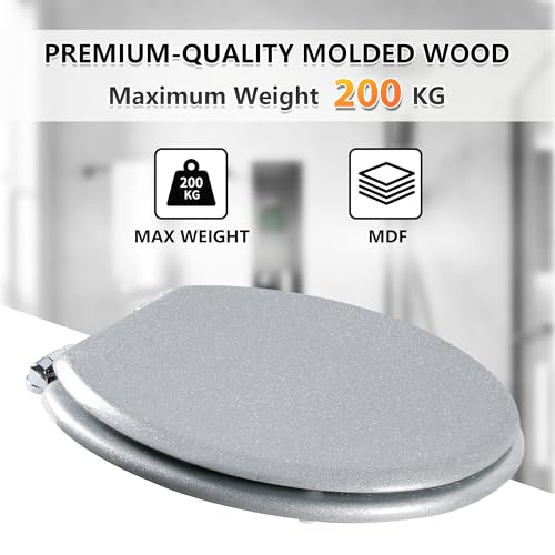 Angel Shield Glitter Toilet Seat Molded Wood Toilet Seat, Quiet Close with Quick Release Adjustable Hinges 45x37cm Oval, Fits EU Bottom-Mount Toilets (Silver Glitter)