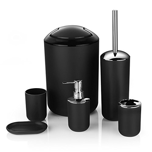Zuvo 6 Pcs Plastic Bathroom Accessory Set Luxury Bath Accessories Bath Set Lotion Bottles, Toothbrush Holder, Tooth Mug, Soap Dish, Toilet Brush, Trash Can, Rubbish Bin (Black) - Thumbnail 4