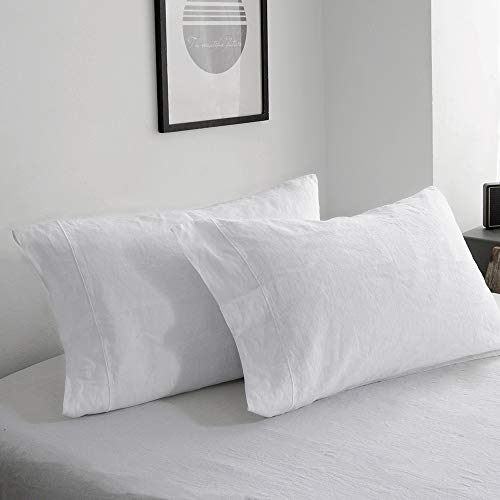 King Linens 100% Belgian Linen Pillowcases Stone Washed Solid Color Embroidery(King,White) - Thumbnail 2