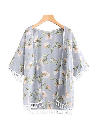 Sipaya Women's Boho Floral Chiffon Fringe Kimono Cardigan Open Front Cover Up White XL