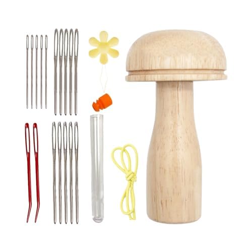 QENETY Darning Mushroom, Wood Darning Mushroom Set with Darning Needle, Sewing Thread, Sewing Darning Needle Darning Mushroom for DIY Hand Sewing Crafts, Socks, Clothes (Needles)