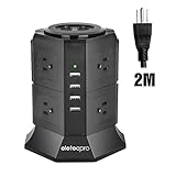 Vertical Power Strip, EletecPro Tower Extension Lead Smart Socket 2M/6.6ft With Surge Protection Overload Protection 8 Way Outlet and 4 USB (5V/4.5A) Charging Ports Stations Cord Fireproof
