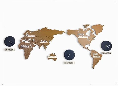 Sticker Indoor Modern Creative Large 3D DIY Home World Map Silent Non-ticking Wall Clock, 3 Cities World Time Hanging Clock (Brown)