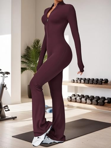 Ecupper Women's Jumpsuit with Long Sleeves, Slit Bottom, Zipper, Jumpsuit, Full Bodysuit, Yoga Unitard, Wide Legs and Sexy
